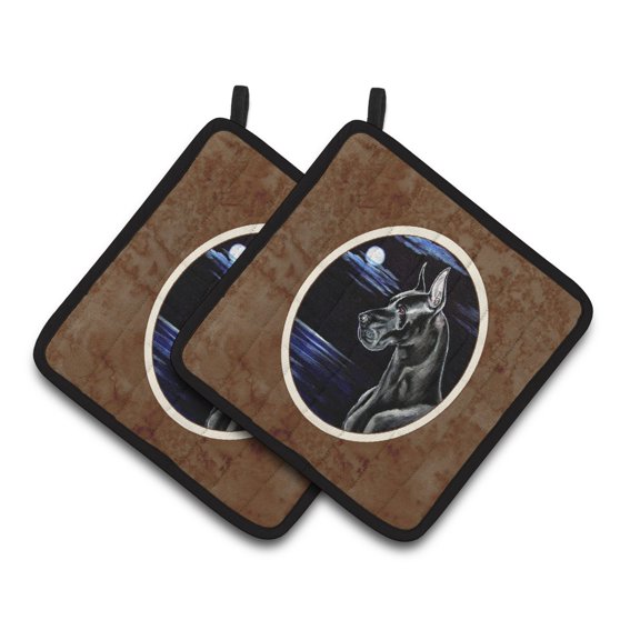 Carolines Treasures 7060PTHD Black Great Dane in the Moonlight Pair of Pot Holders  7.5HX7.5W multicolor