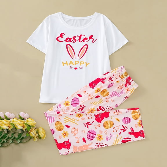 Uaswgudfs Women's Easter Pajama Set Short Sleeve Top & Elastic Waist Pants Easter Sleepwear Women's Sleepwear Sets Easter Home Outfit