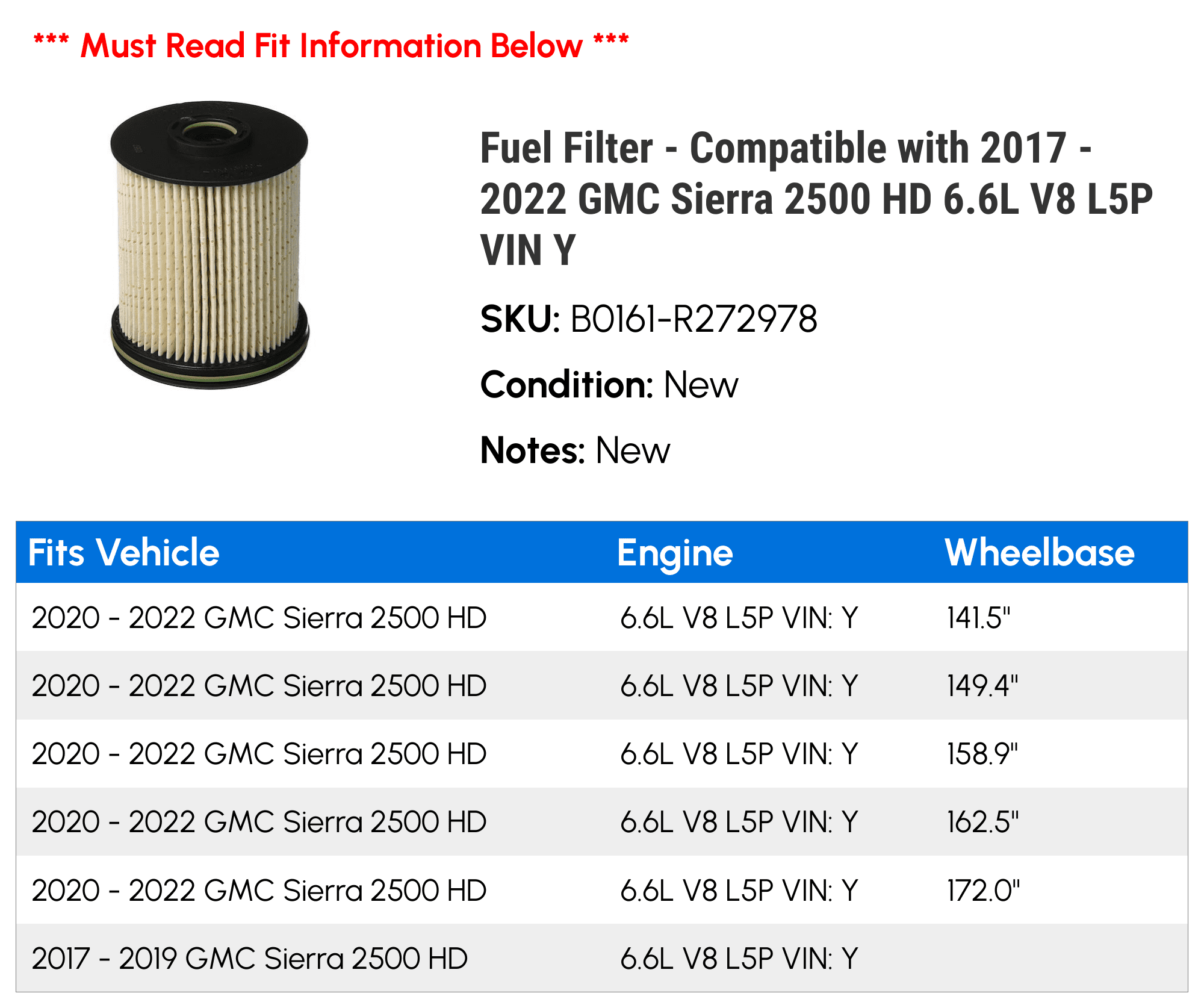 Fuel Filter - Compatible with 2017 - 2022 GMC Sierra 2500 HD 6.6L V8 L5P VIN Y - AC Delco