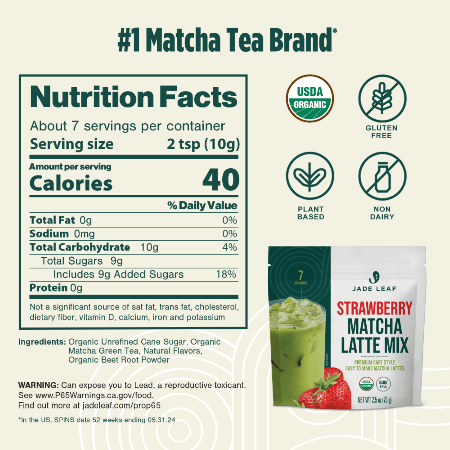 (3 pack) Jade Leaf Organic Strawberry Matcha Latte Mix, Dairy-Free, 2.5 oz Pouch