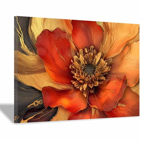 Mudket Red Orange Flower with Gold and Black Accents Canvas Wall Art, Framed Floral Print, Ready to Hang Wall Decor for Living Room, Luxury Modern Artwork - 12"L x 8"W