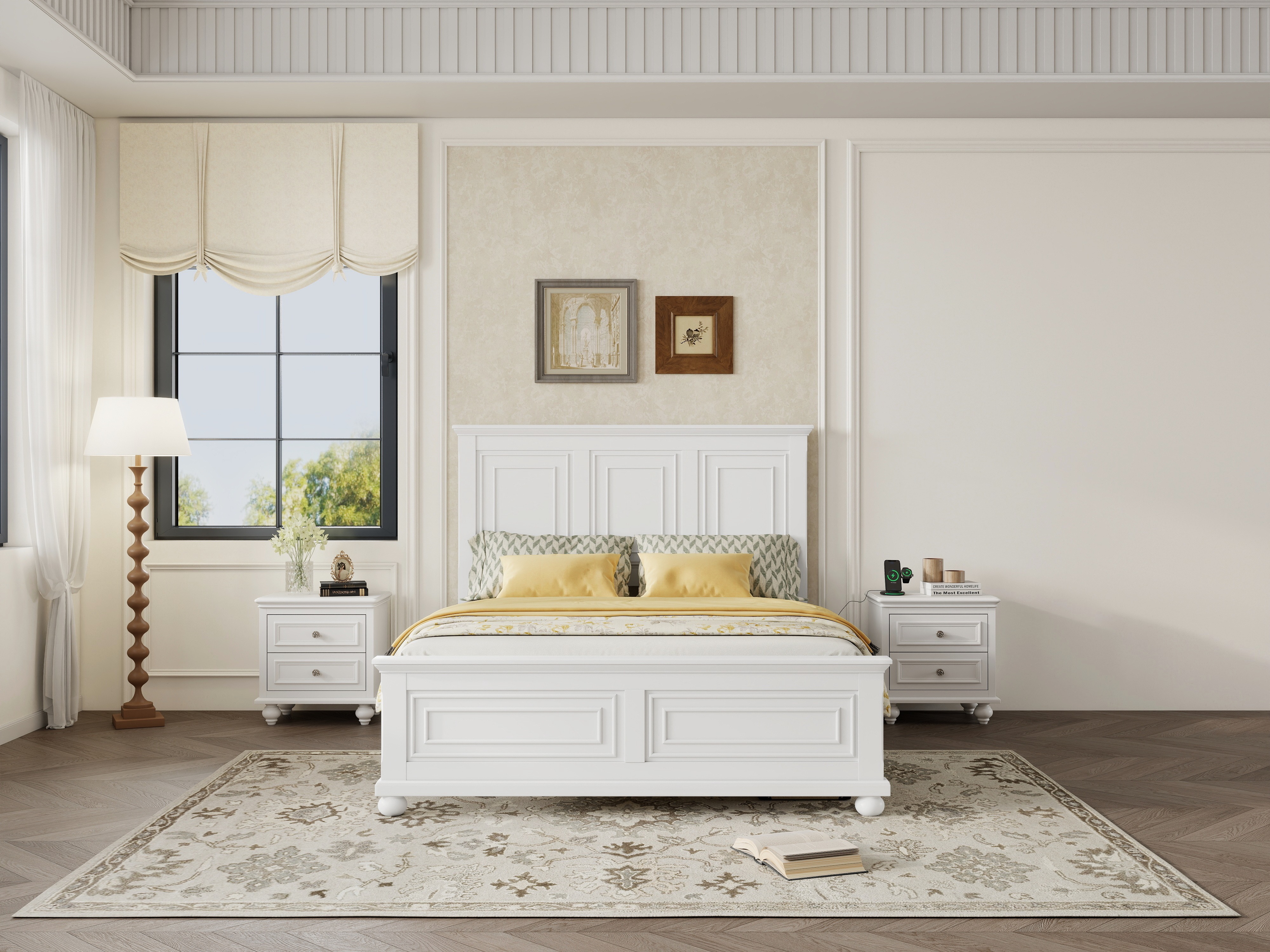 Mirightone King Size Farmhouse Bed Frame with Charging Station, Tall Headboard & Footboard, Solid Wood Platform Bed, No Box Spring Needed, Noise-Free, White