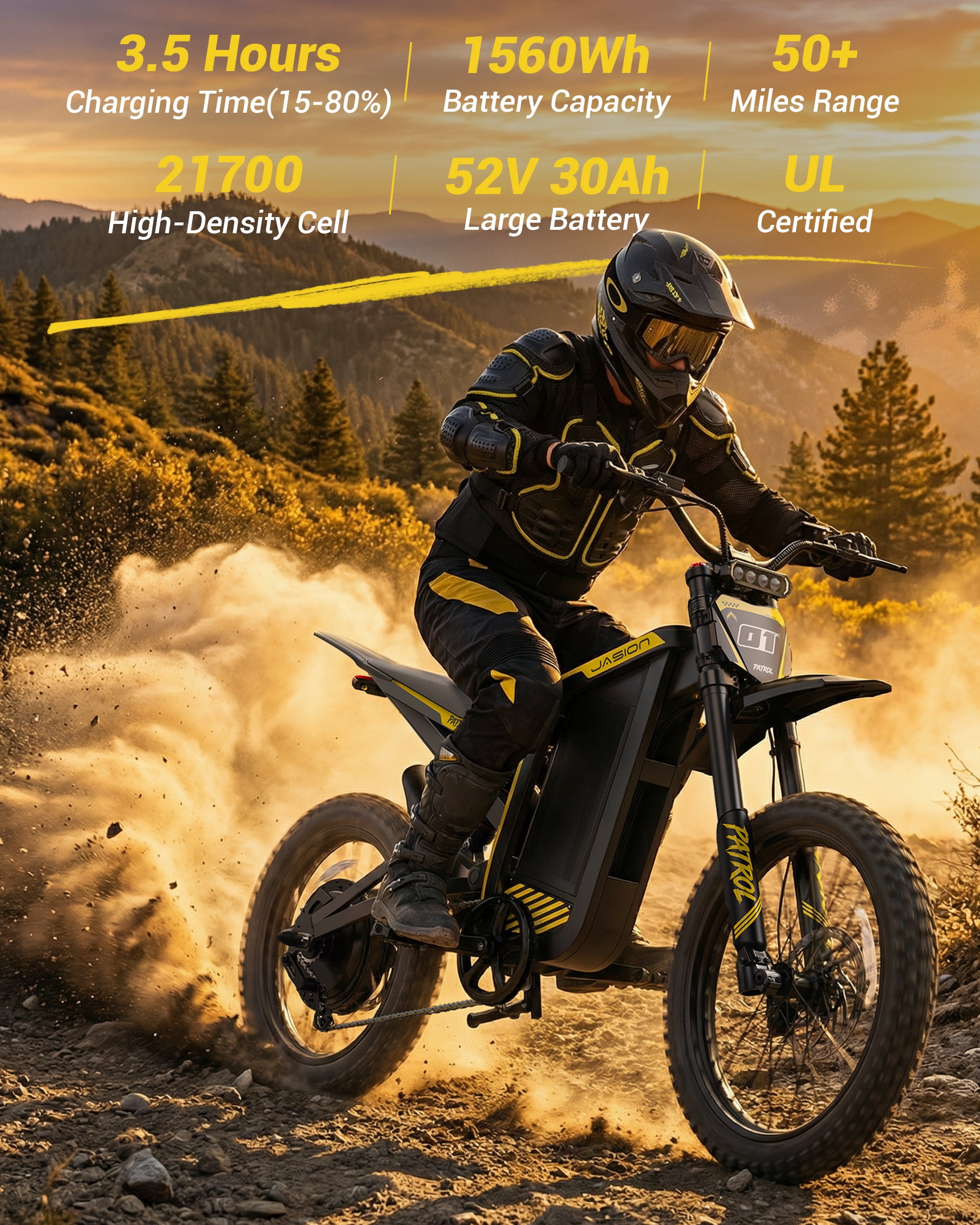 Jasion Patrol Electric Dirt Bike for Adults 19"/17", 4000 Peak Motor Ebike 52V 30AH, Fat Tire Electric Motorcycle, UL 2849