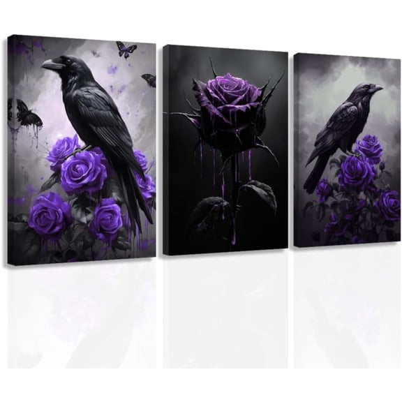 ZHONGYUTONG Gothic Canvas Wall Art Set of 3 Crow and Rose Art Prints Dark Goth Pictures Halloween Black Crow Painting for Bedroom Bathroom Home Decor Framed (11.00" x 14.00" x 3PCS)