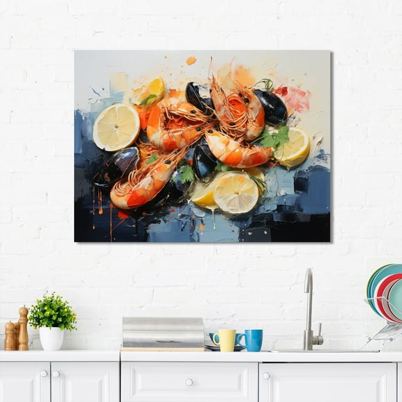 Designart Seafood Wall art decor, Seafood Wall Art, Culinary Sea Treasures I , Extra large Traditional Canvas wall art, 32x16 inches