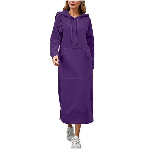 STETMN Hoodies Long Dresses for Women Plus Size Drawstring Maxi Dress with Pocket Fall Winter Warm Dress