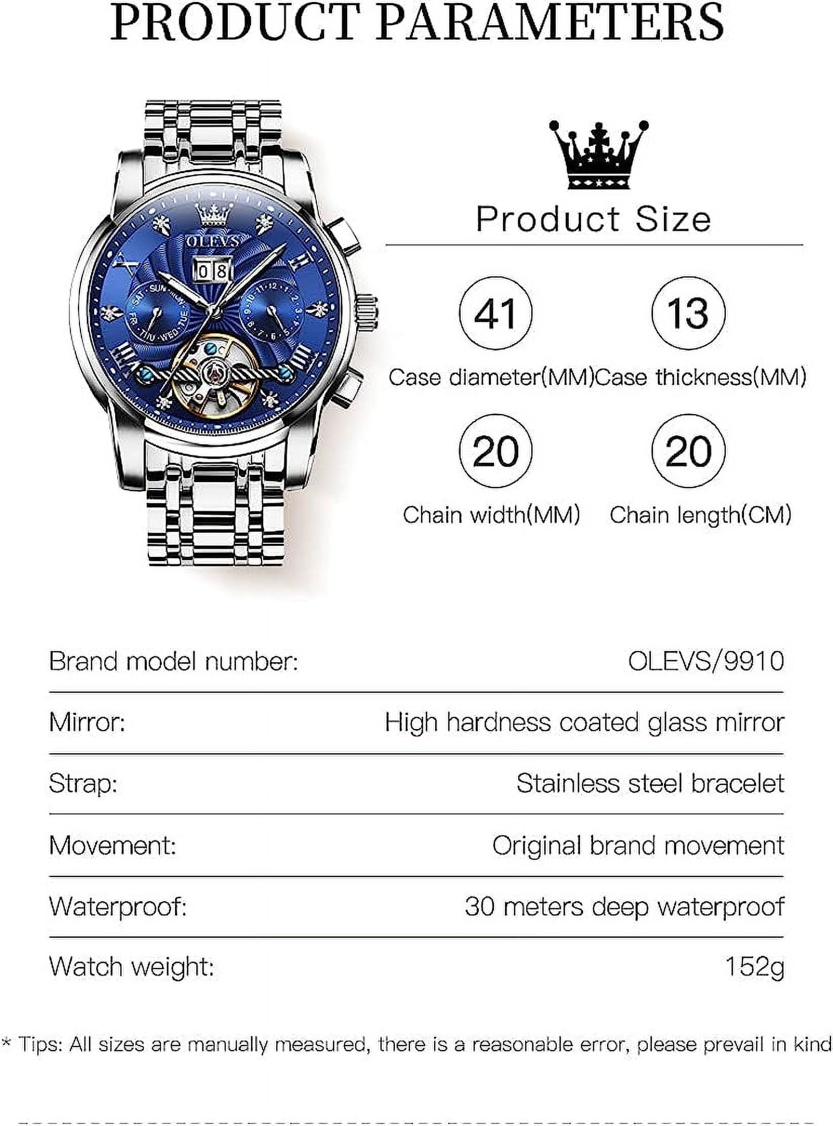 OLEVS Watch for Men Automatic Skeleton Tourbillon Mechanical Self Winding Business Luxury Dual Calendar Stainless Steel Luminous Waterproof Man Wrist Watches Blue Dial