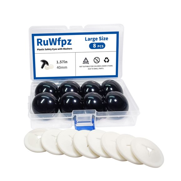 RuWfpz Grandes Ojos de Seguridad para Ganchillo Amigurumi 40 mm - 8 Piezas Ojos de Animales de Peluche con Arandelas Ojos de Ganchillo Amigurumi de Plástico Negro para Muñecas Oso Manualidades Botón P