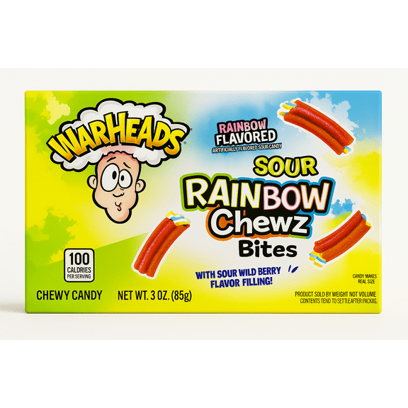 Warheads Sour Rainbow Chewz Bites Box – Rainbow Punch Flavored Chewy Candy Filled with Sour Wild Berry – 3 oz