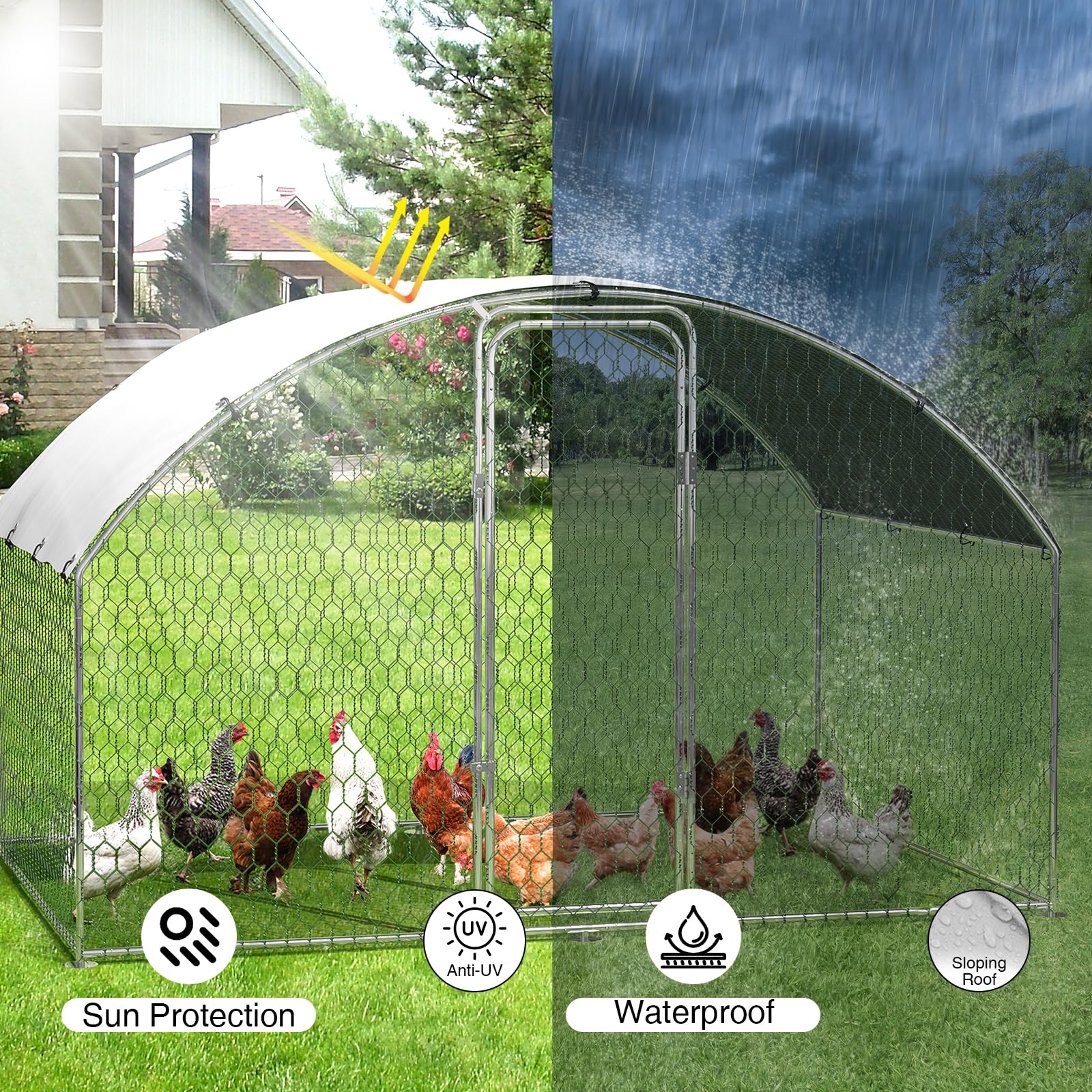 Outdoor Chicken Run, 9.8 x 6.5 x 6.5 Ft/9.8 x 13.1 x 6.6 Ft/ 9.8 x 19.7 x 6.6 Ft Dome Roof Walk in Chicken House Large Metal Chicken Coop Poultry Cage for Hen, Duck and Rabbit