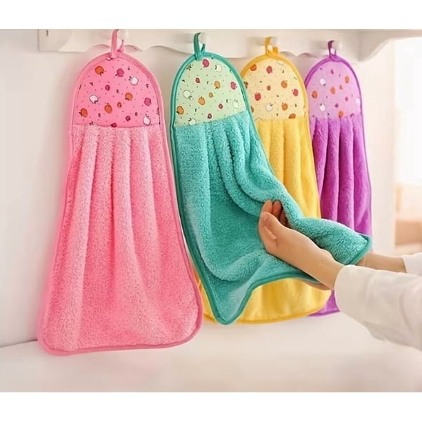 4 toallas de vellón coral seleccionadas al azar con lindos diseños de frutas | Absorbentes y de secado rápido, aptas for colgar platos en la cocina y el baño, resistentes a las arrugas.