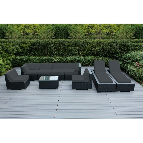 Ohana Depot Ohana Outdoor Patio 9 Piece Black Wicker Sofa and Chaise Lounge Set - No Assembly Grey