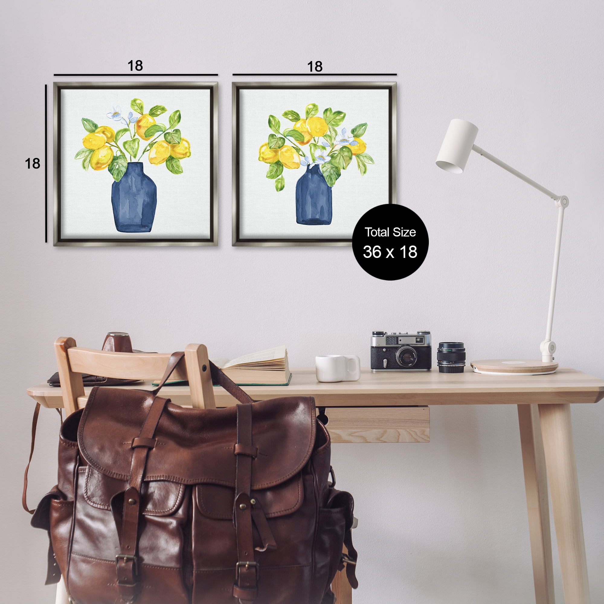 Stupell Industries Lemon Branches in Vases Food & Beverage Painting Gray Floater Framed Canvas Art Print Wall Art, 18 x 18, Set of 2