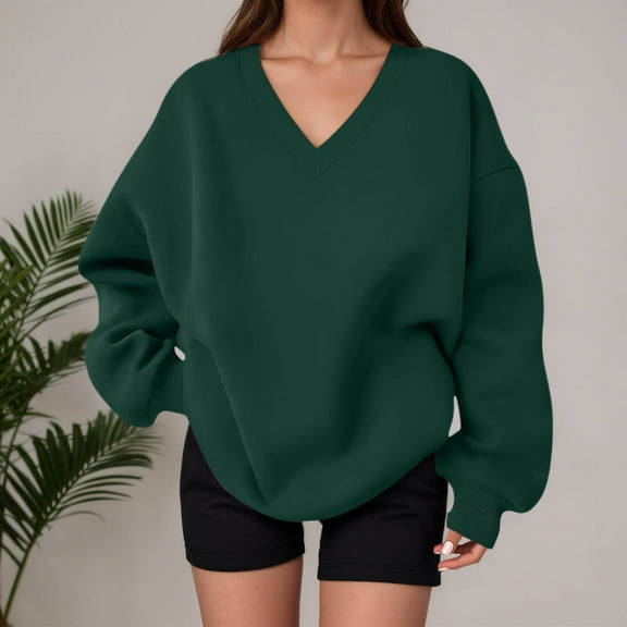 LEKDFST Womens V Neck Oversized Sweatshirts Casual Drop Shoulder Long Sleeve Fall Winter Pullover Tops Dark Green S