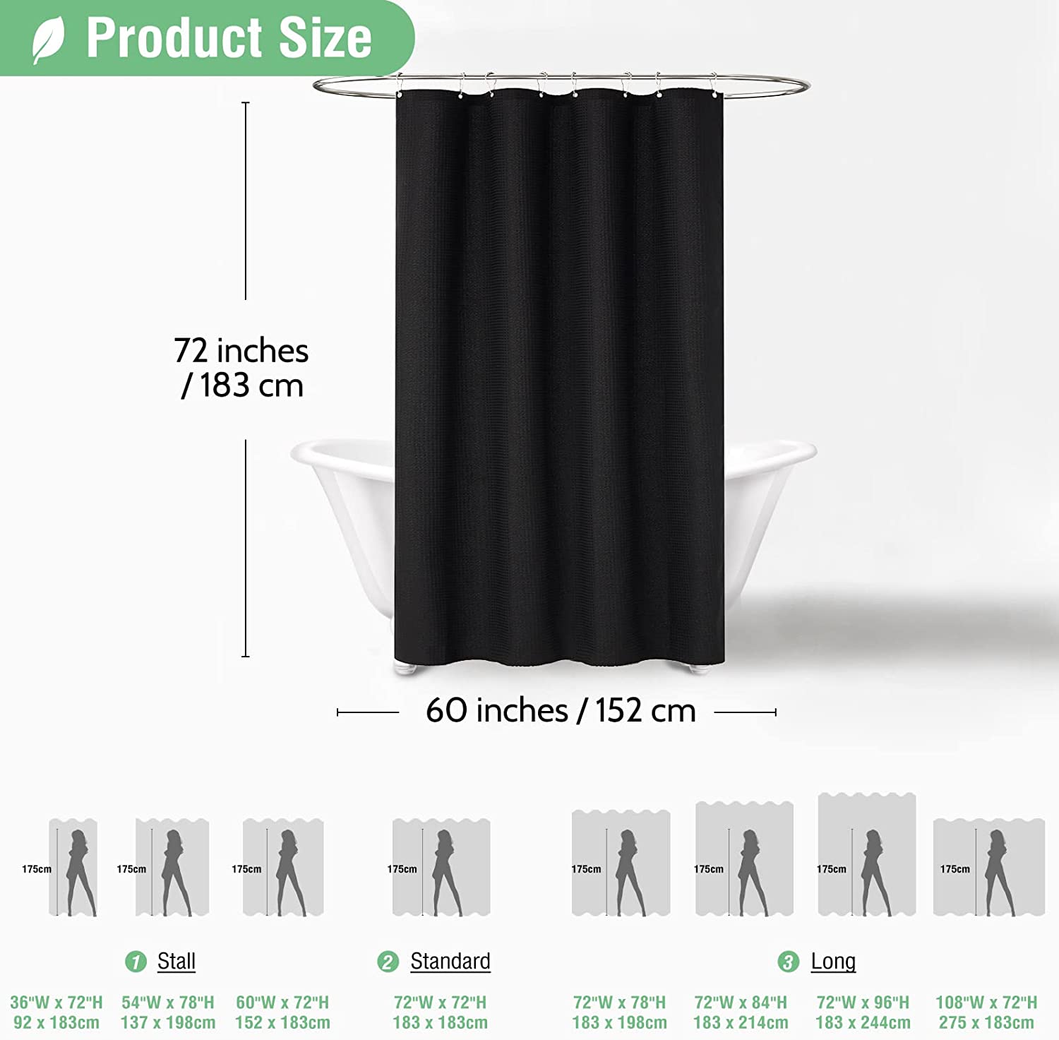 CAILDANL Green Shower Curtain - Waffle Textured Heavy Duty Thick Fabric Shower Curtains for Bathroom, 256GSM Luxury Weighted Polyester Cloth Bath Curtain Set with 12 Plastic Hooks，72Wx72H,Green