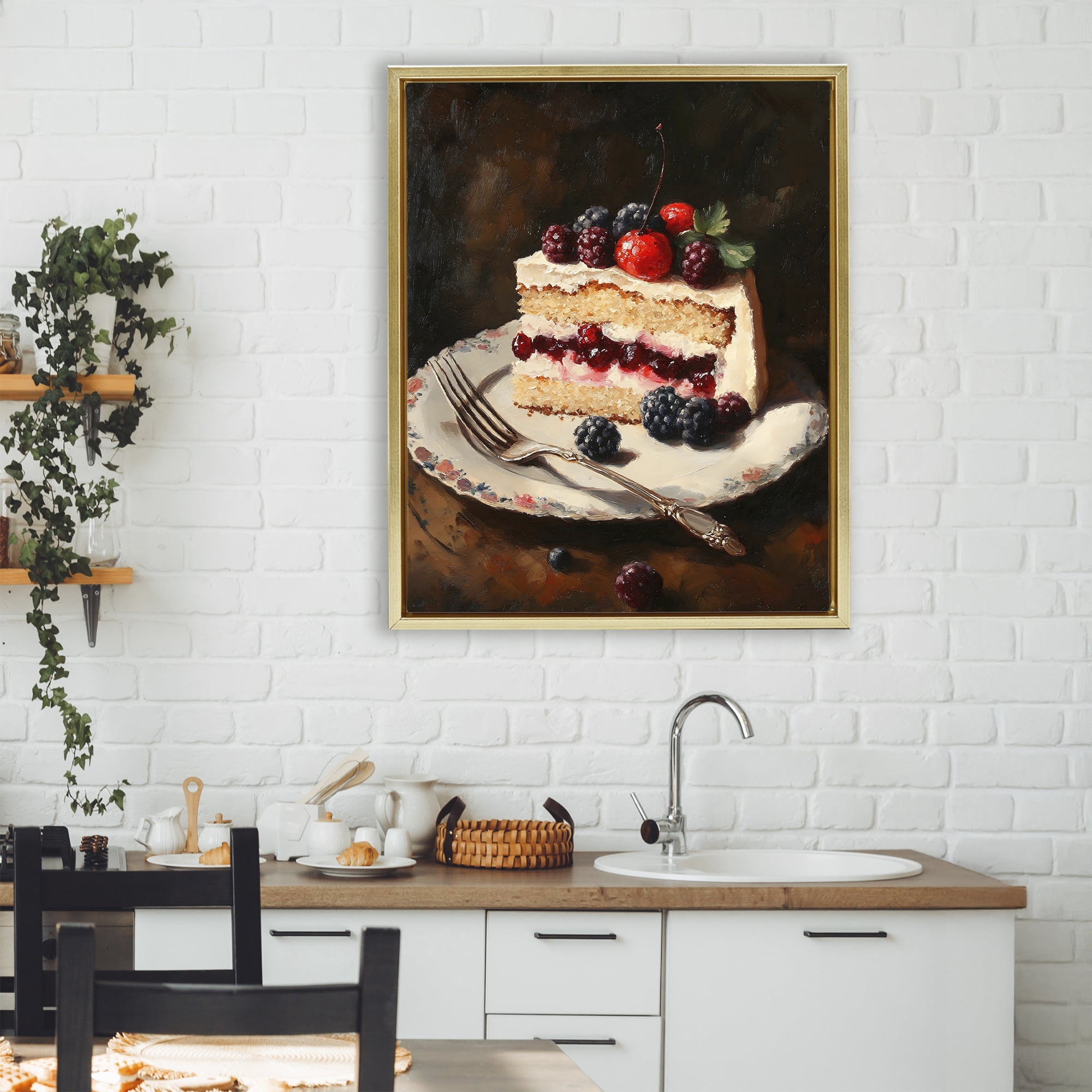 Stupell Industries Berry Topped Cake Slice Gold Framed Floater Canvas Wall Art, design by Franklyn Gregory