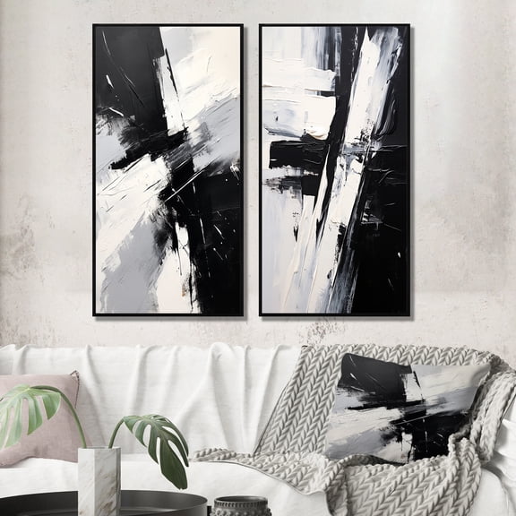 Designart "Finding Equilibrium Minimal Black and White Art I" Abstract Painting Framed Wall Art Set Of 2 - Modern Black Gallery Wall Frame Set For Home Decor