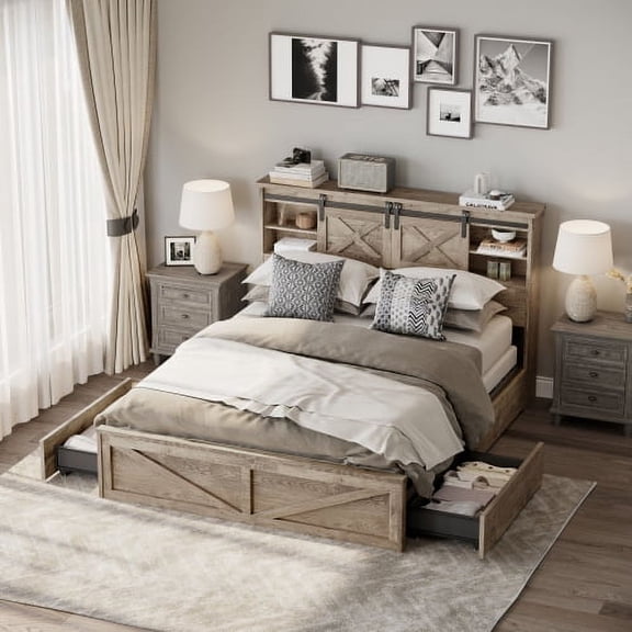 Queen Size Modern Farmhouse Platform Bed Frame with Sliding Barn Door Storage and Charging Station, LED Lights and 2 Drawers for Master Bedroom, Grey
