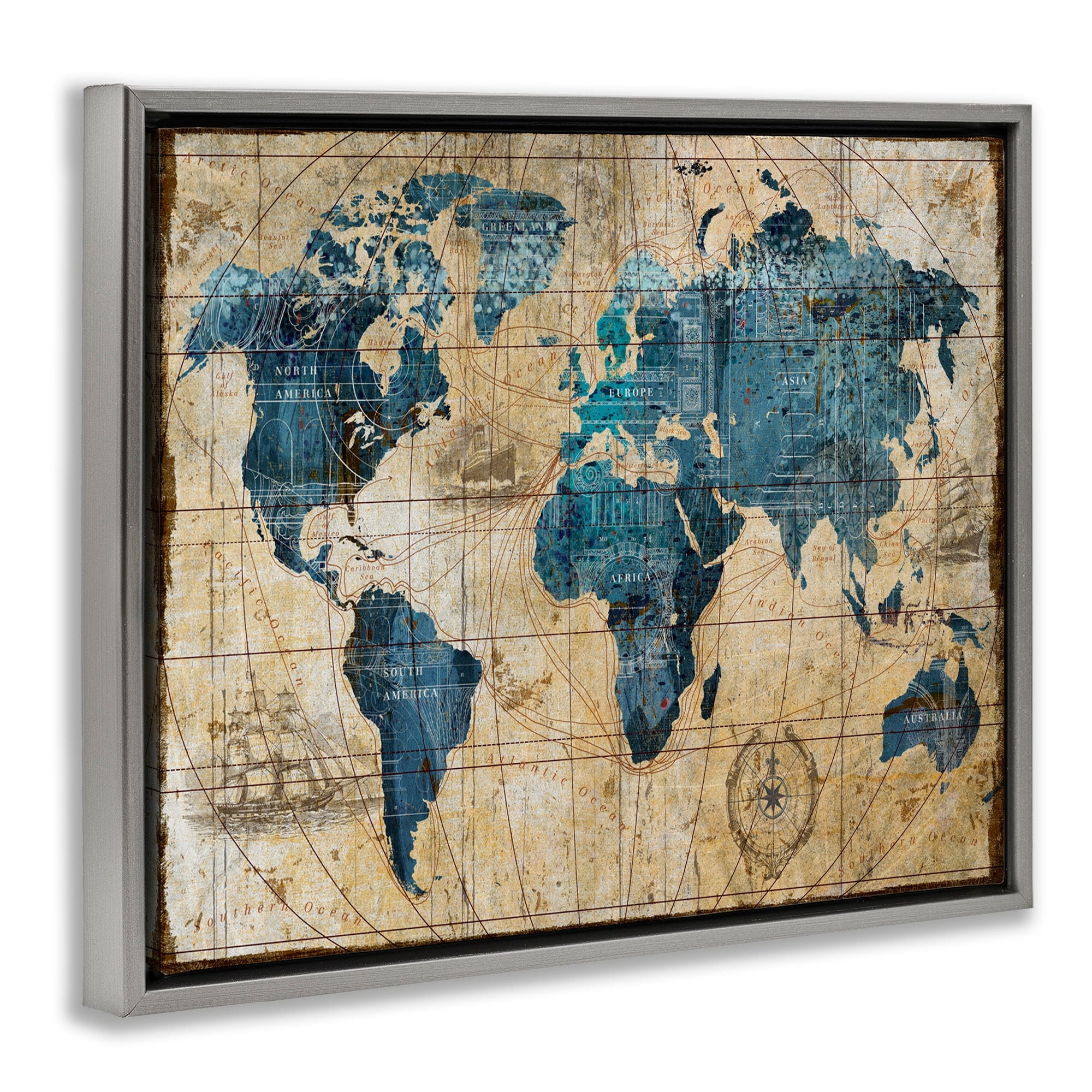 Stupell Industries Vintage Abstract World Map Design Luster Gray Framed Floating Canvas Wall Art, 16x20, by Art Licensing Studio