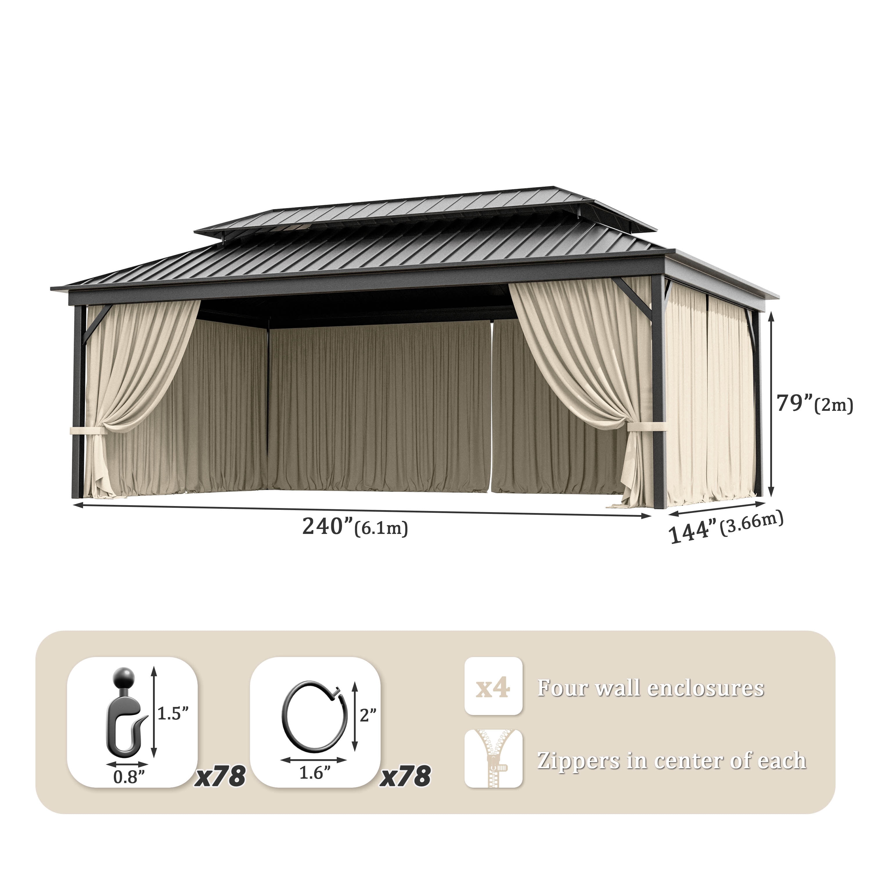 Kimunuk Outdoor Replacement Curtains for 12' X 20' Gazebo, Waterproof 4-Panels Cream Gazebo Universal Privacy Sidewall Curtains with Zipper for Patio Garden Backyard, Curtain Only