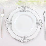 Efavormart 10 Pack | White/Silver Baroque 8 Round Plastic Dessert Salad Plates, Disposable Tableware with Leaf Embossed Gold Rim