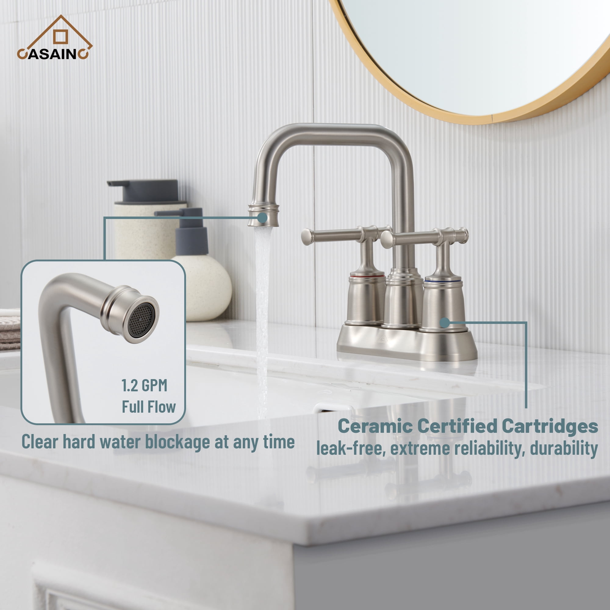 CASAINC Double Handle 2-Hole Centerset Bathroom Sink Faucet Pop Up Drain, Brushed Nickel