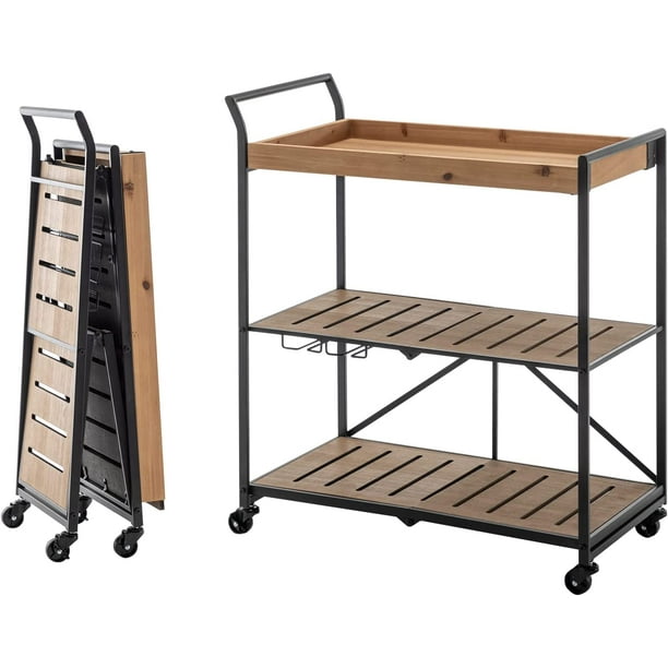 JUNC Folding Bar Cart Kitchen Serving Cart on Lockable Wheels 3Tier