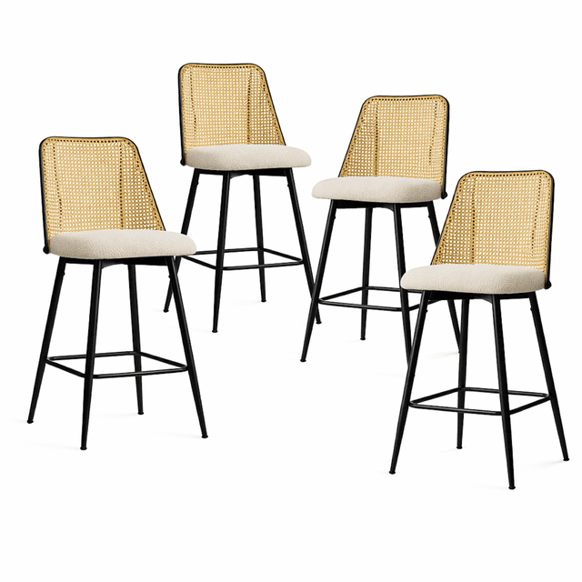 KOSSMAI Set of 4 Swivel PE Rattan(Plastic Rattan) Bar Stools – 26" Counter Height, Bouclé Cushion, 360° Rotation,Metal Leg Bar Chairs for Kitchen Island, Dining & Home Bar White