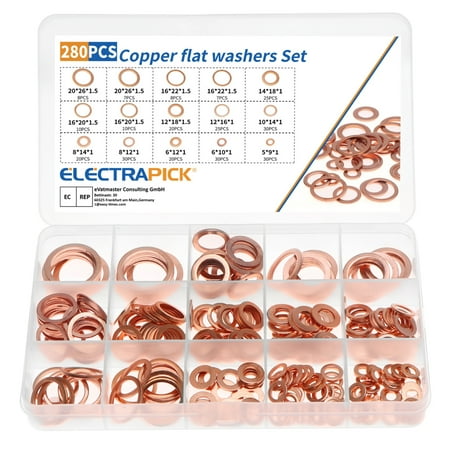 

JESTOP Copper Flat Washers 280PCS/Box Copper Washers for Screws with 12 Sizes Locking Washers (M5 M6 M8 M10 M12 M14 M16 M20)