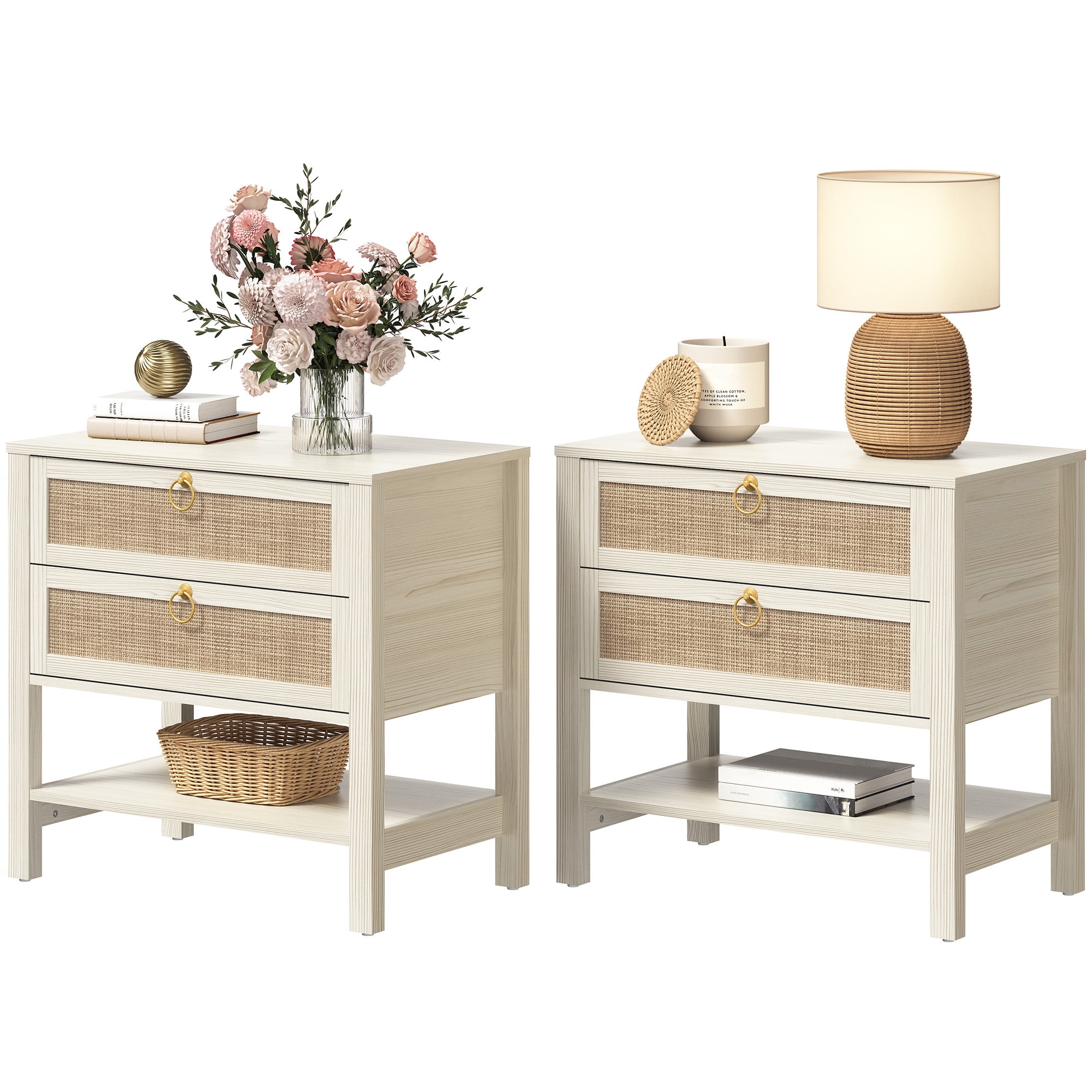 SICOTAS Cream White Rattan Nightstands Set of 2 with 2 Large Drawers, Boho Night Stand End Table  with 2 Large Drawers  Coastal Furniture Set for Bedroom