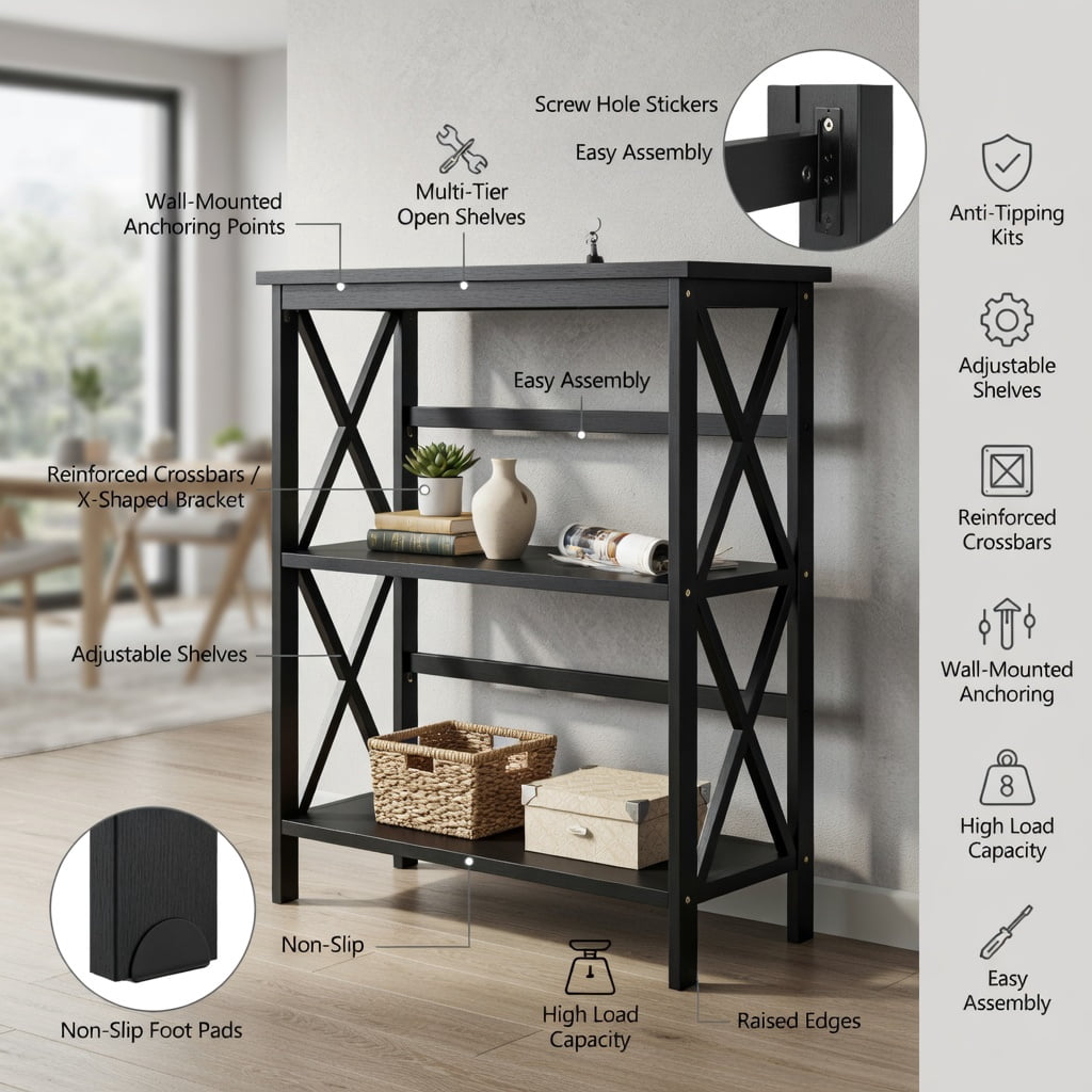 Spaco 3-Tier Wooden Multi-Functional X-Design Etagere Storage Bookshelf-Black, Tall Bookshelf, Shelves for Living Room, Home Office, Bedroom, Balcony