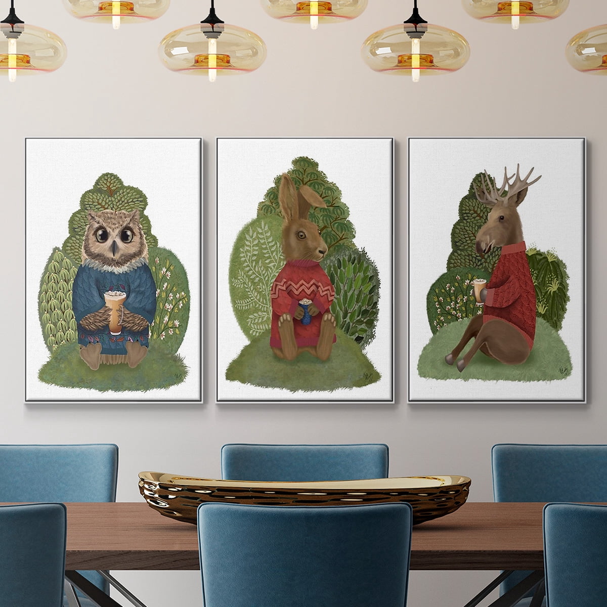 Latte Moose in Sweater - Framed Premium Gallery Wrapped Canvas L Frame 3 Piece Set - Ready to Hang