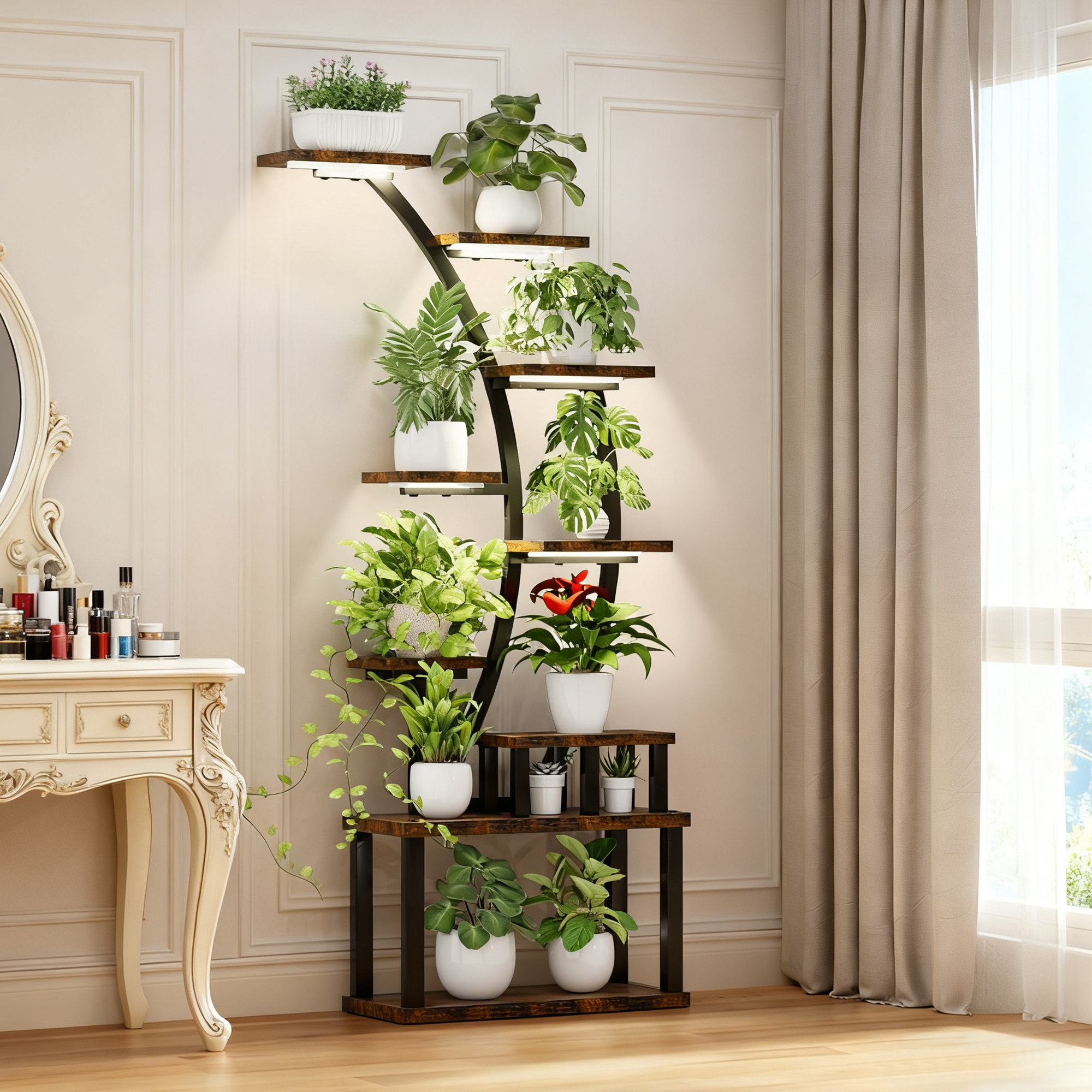 Aukfa 9-Tier Metal Plant Stand with Grow Lights,63" Tall Heavy Duty Indoor Plant Shelf for Multiple Plants, Full Spectrum LED& Time,Rustic Brown