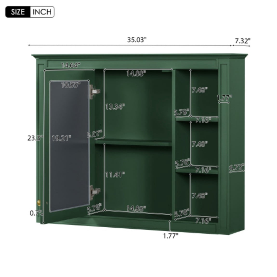 35"x 28" Wall Mounted Bathroom Medicine Cabinet with Mirror, Bathroom Storage Cabinet with 6 Open Shelves, Adjustable Shelves & Towel Bar, Green