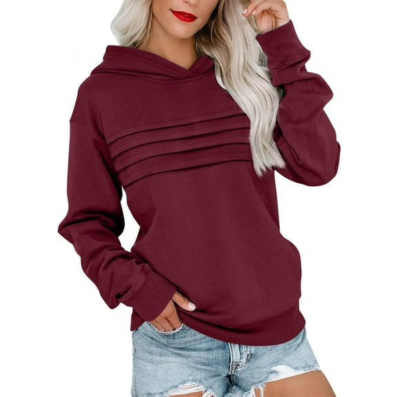 HAiming Womens Hoodies Casual Long Sleeve Front Pleated Solid Color Hooded Sweatshirts Pullover Tops