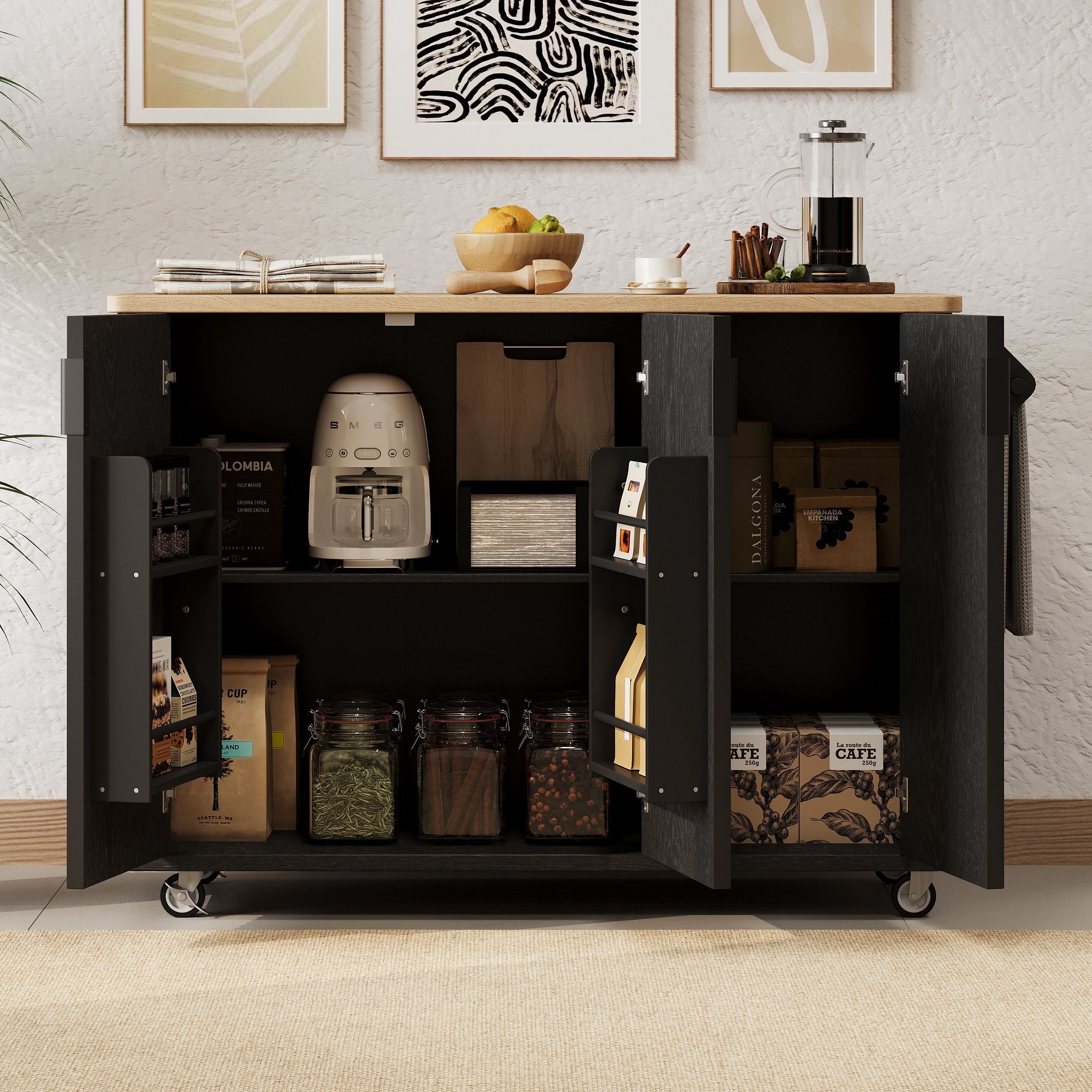 Alvantor 51" Fluted Kitchen Island with Storage, Drop Leaf Cart, Towel Rack, Black Ash