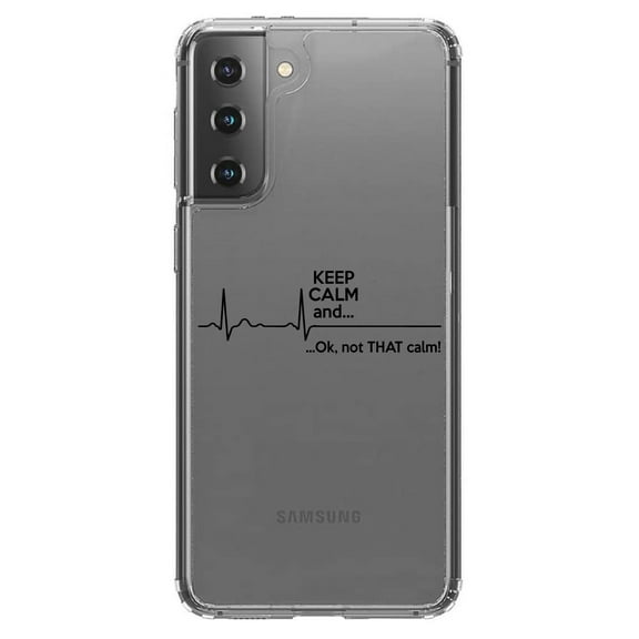 DistinctInk Clear Shockproof Hybrid Case for Galaxy S21 5G (6.2" Screen) - TPU Bumper Acrylic Back Tempered Glass Screen Protector - Keep Calm and…. Flatline