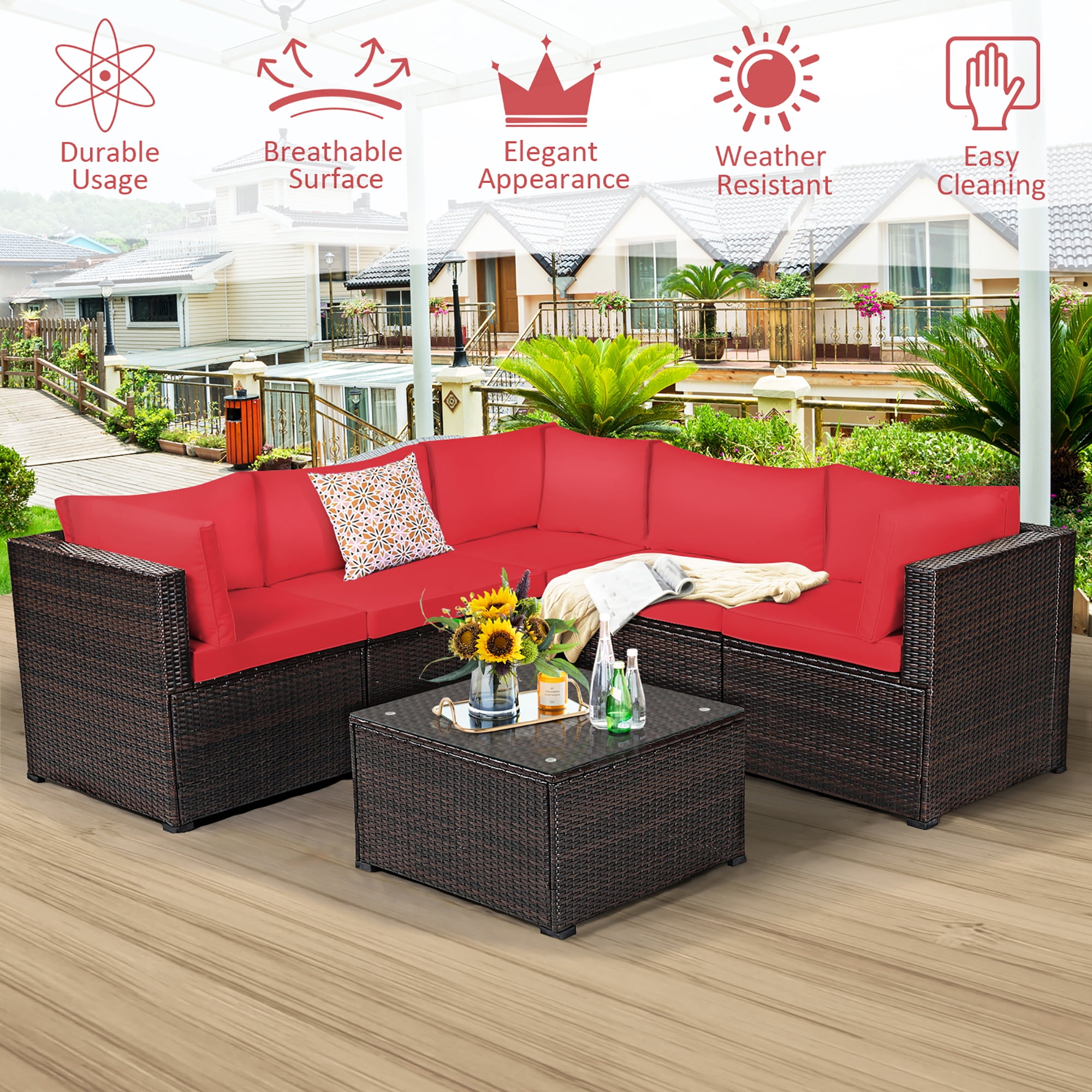 Costway 6PCS Patio Rattan Furniture Set Sectional Cushioned Sofa Deck Red