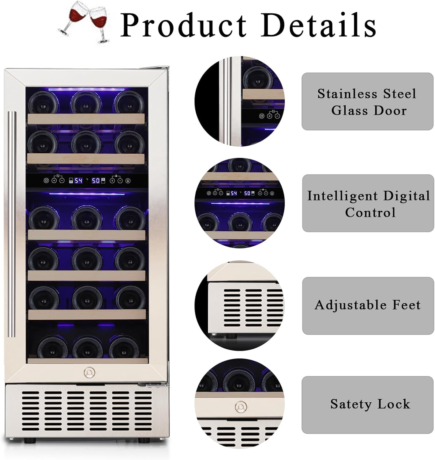 CRZOE 28 Bottle Wine Fridge with Lock, 15 Inch Wine Refrigerator for Red, White, Champagne, Beer, Dual Temperature Zone, Built-In or Freestanding, Wood Shelves, Stainless Steel Glass Door