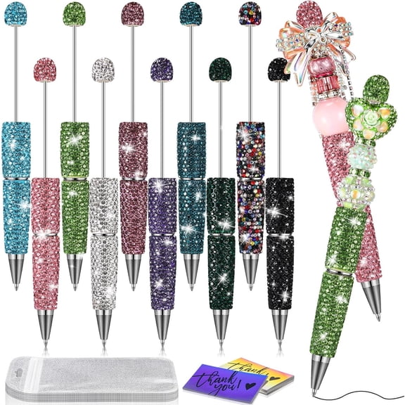 10 count Rhinestone Beadable Pens Kit, DIY Fancy  Beaded Glitter Bling Ballpoint Pens with Bags and Thank You Cards for Craft Making Journalling Office Supplies