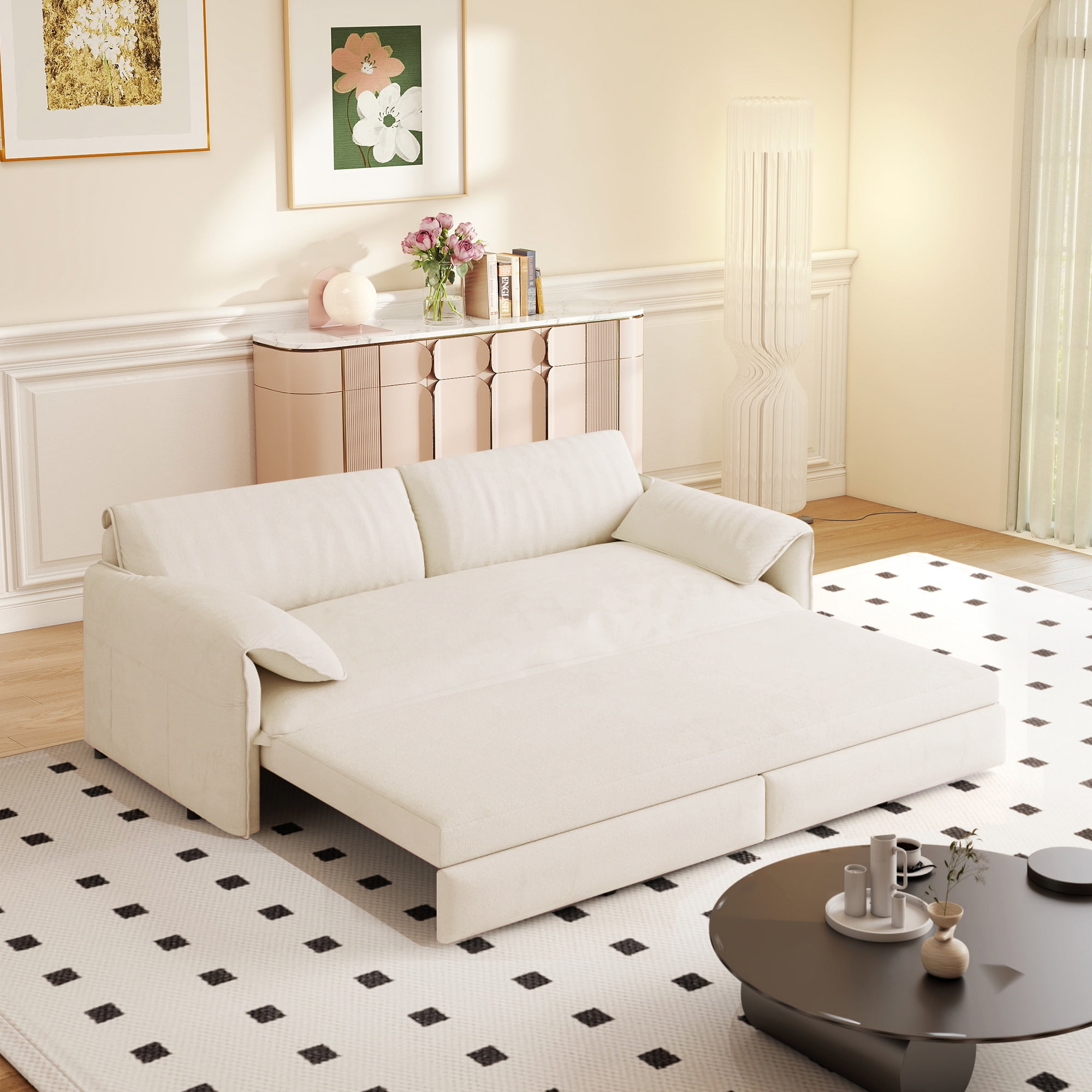 Timbernest 66" Queen Pull Out Sofa Bed, 3-in-1 Convertible Sleeper Sofa with Side Storage, Velvet Loveseat Couch for Living Room, Beige
