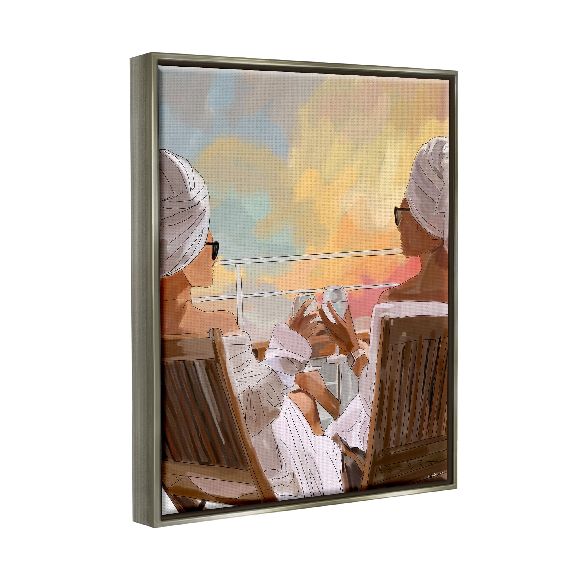 Stupell Industries Women Relaxing Sunset Cruise Coastal Painting Gray Floater Framed Art Print Wall Art