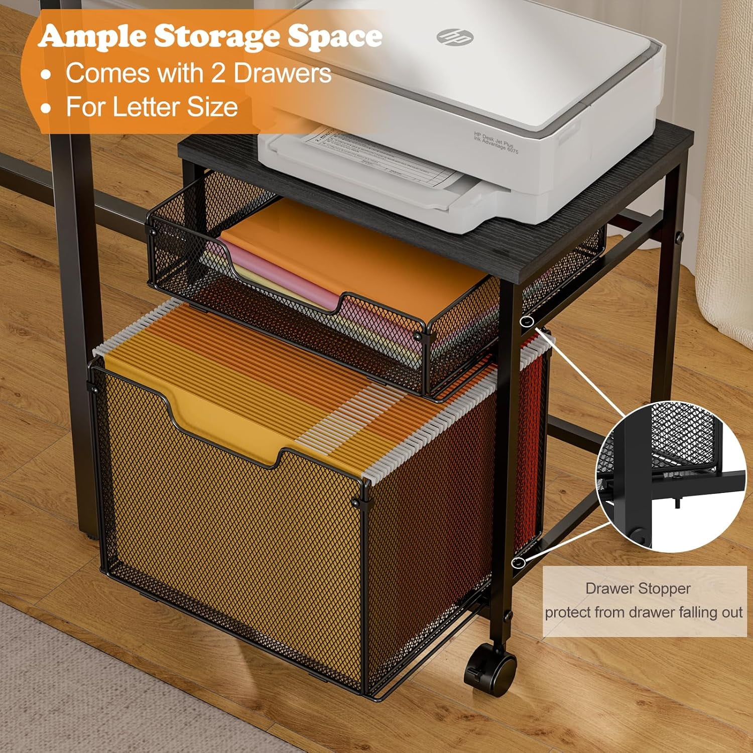 Rolling File Cabinet Cart, Printer Stand with Storage Drawer, Mobile Filing Cabinet on Lockable Wheel, Printer Cart with Hanging File Folder Organizer Beside Under Desk for Office Home