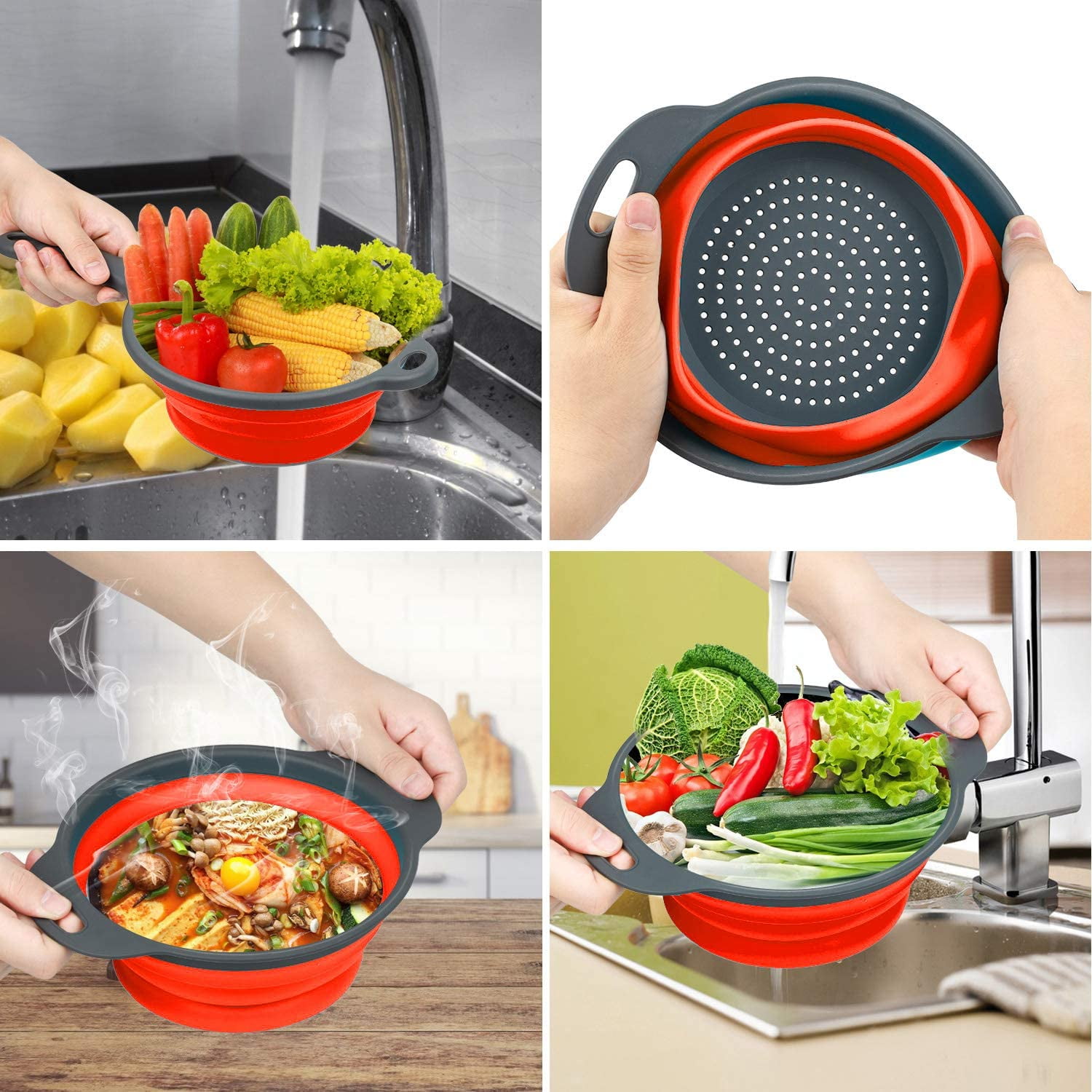 Kepooman Kitchen Portable Collapsible Silicone Colander Strainer Set for Tea Flour Pasta, Set of 2, Red Kepooman Kitchen Portable Collapsible Silicone Colander Strainer Set for Tea Flour Pasta, Set of 2, Red