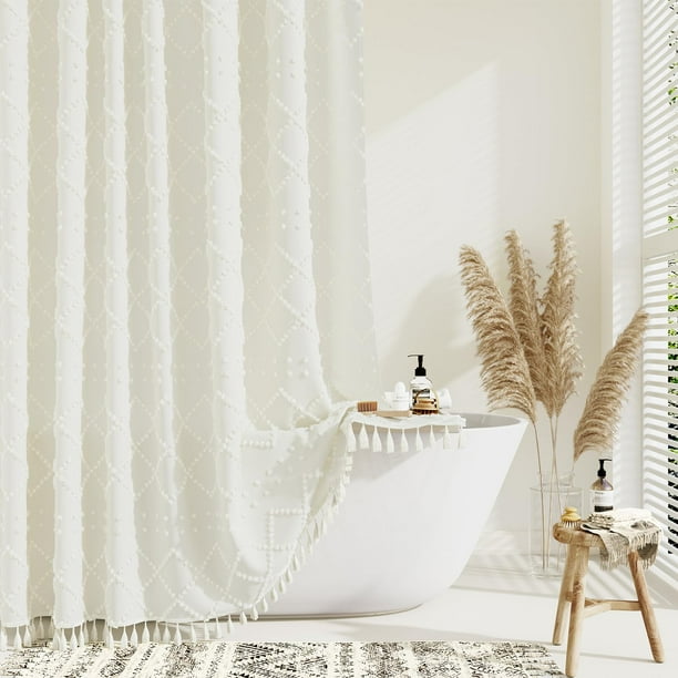 Dynamene Cortinas De Ducha Extralargas De 84 Pulgadas De Largo, Cortinas De Ducha De Tela A Rayas Geométricas Con Mechones Boho Para Baño, Juego De Cortinas De Ducha De Tela Impermeables Altas Y Shabb