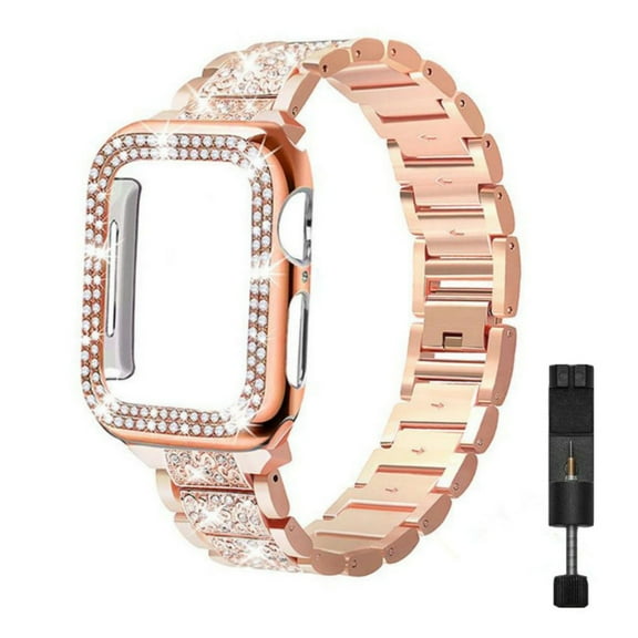 Pozyie for Apple Watch Band 38mm, Women's Rhinestone Stainless Steel Band with Sparkling Diamond Case, Compatible with iWatch SE Series, Rose Gold