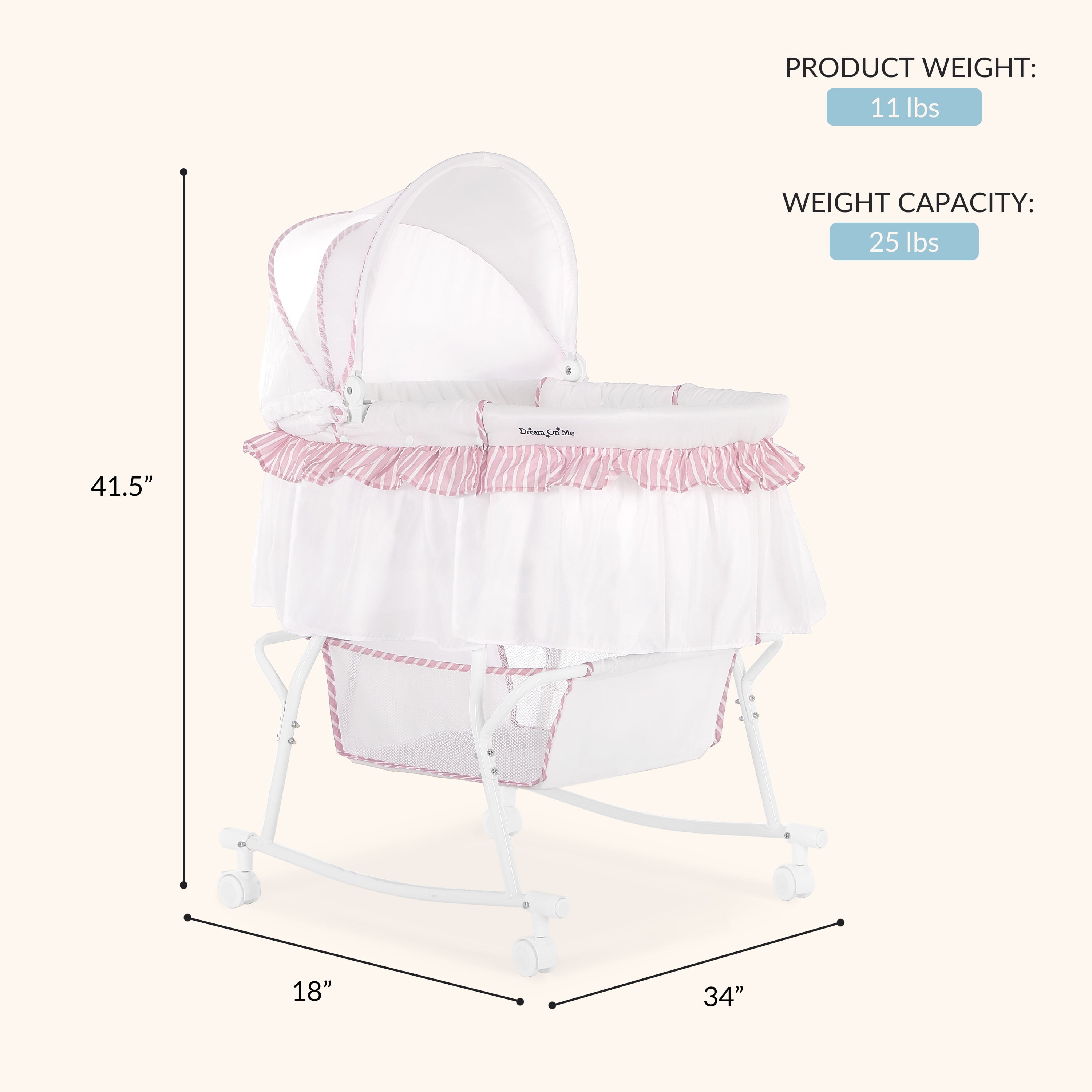 Dream On Me Lacy Portable 2-in-1 Bassinet & Cradle in Pink and White, Lightweight Baby Bassinet