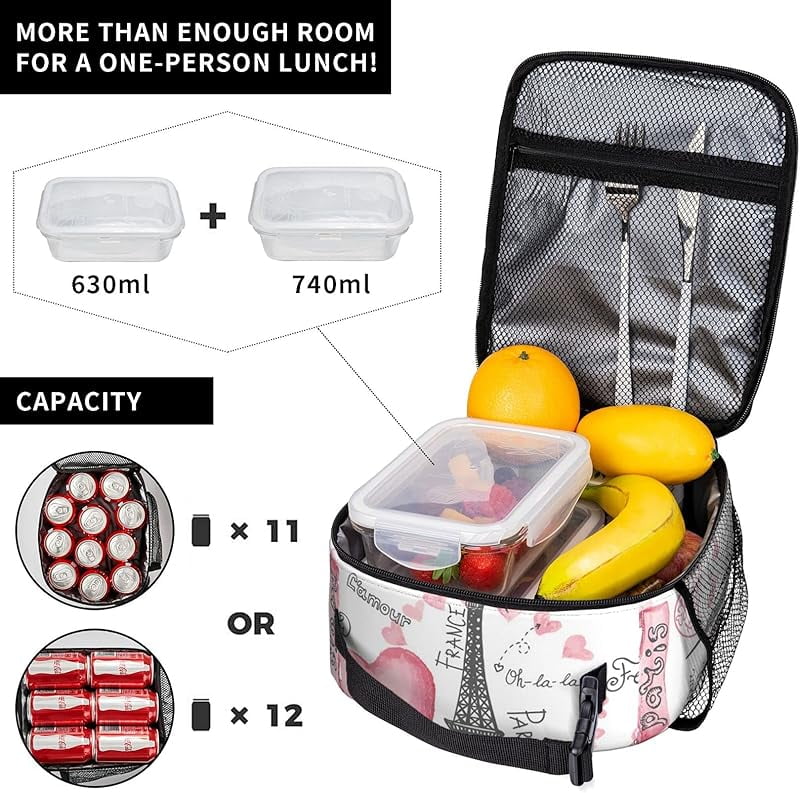 Eiffel Tower Love Lunch Box Insulated Soft Bag Reusable Cooler Bag For Women Men Work Picnic Hiking