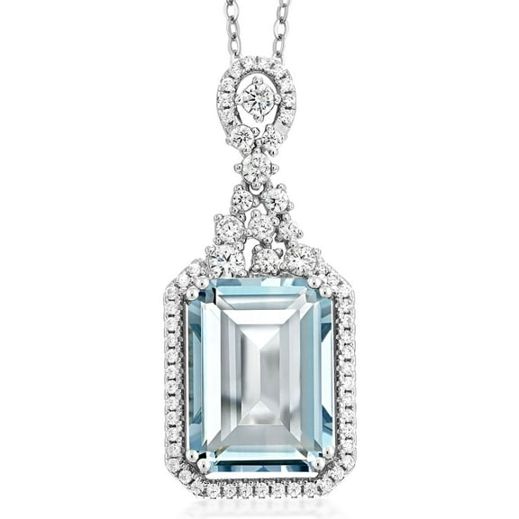 Gem Stone King 7.24 Cttw Sky Blue Simulated Aquamarine Necklace | 925 Sterling Silver | Emerald Cut 14X10MM | Pendant Necklace for Women | With 18 inch Silver Chain