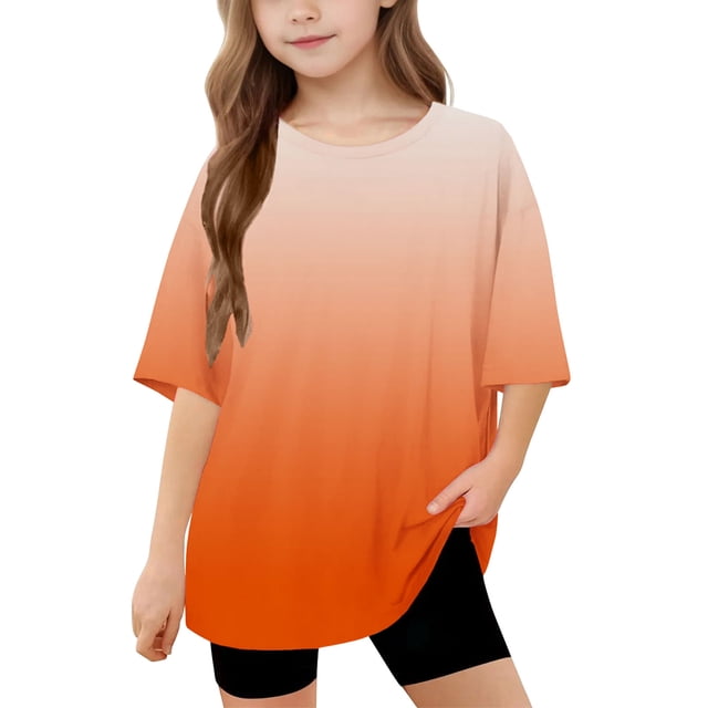 DecSea T-Shirt à Manches Courtes pour Filles, Été, Dégradé, Col Rond, Décontracté, Basique, 5-14 Ans